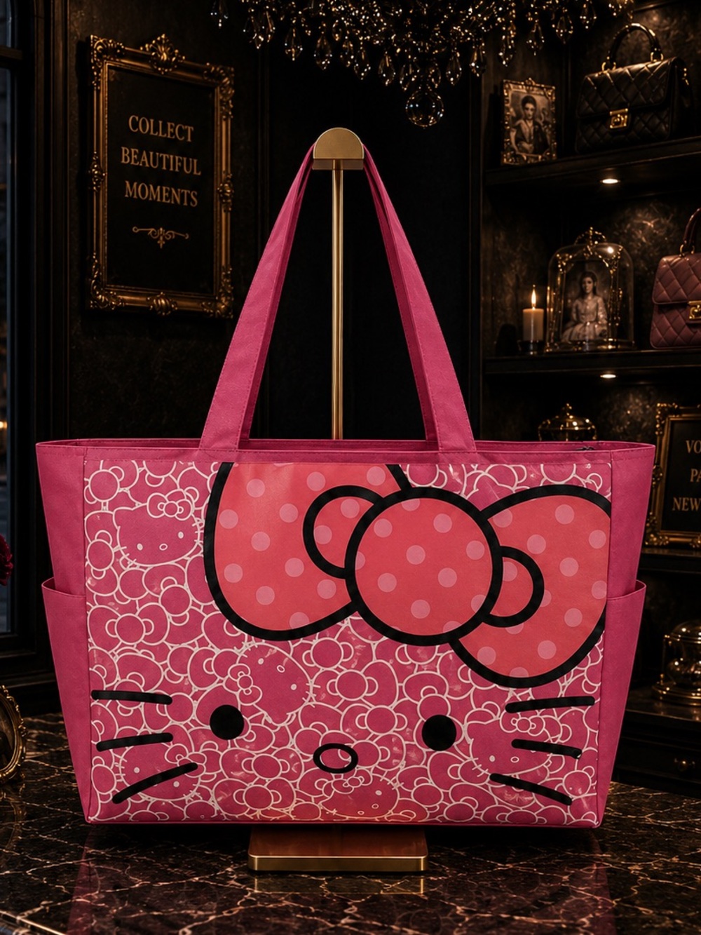 Hello Kitty Extra Large Canvas Tote Shoulder Bag Pink Black White NWT
